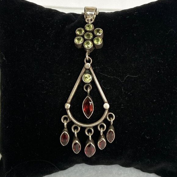 Sterling Silver 925 Red Garnet & Peridot Chandelier Pendant Necklace 20" Chain - Picture 13 of 16